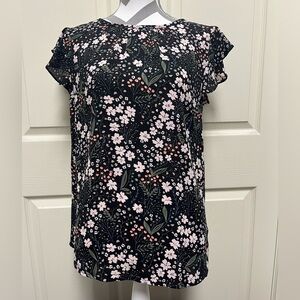 LOFT Black Blouse with Pink Floral Pattern
